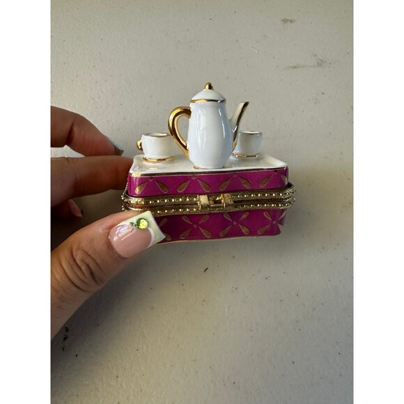 New Siu Ming Pink Tea Cup Porcelain Jewelry Keepsake Hinged Trinket Box - Picture 2 of 7